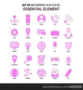 Set of 25 Feminish Essential Element Flat Color Pink Icon set