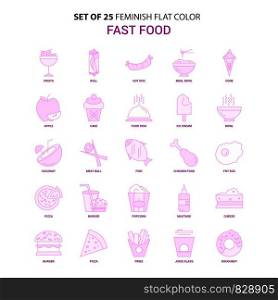 Set of 25 Feminish Fast food Flat Color Pink Icon set