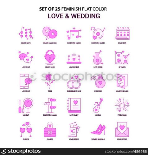 Set of 25 Feminish Love and Wedding Flat Color Pink Icon set