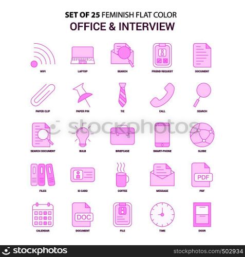 Set of 25 Feminish Office and Interview Flat Color Pink Icon set