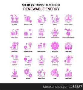 Set of 25 Feminish Renewable Energy Flat Color Pink Icon set