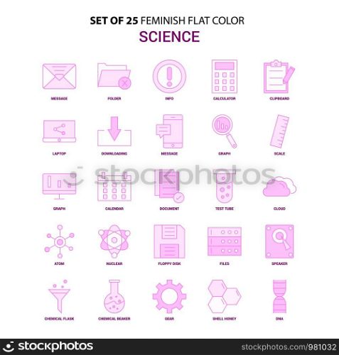 Set of 25 Feminish Science Flat Color Pink Icon set
