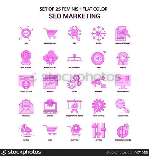 Set of 25 Feminish SEO Marketing Flat Color Pink Icon set