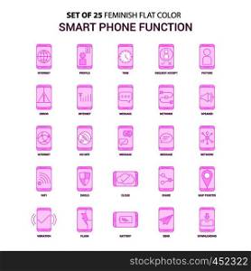 Set of 25 Feminish Smart phone functions Flat Color Pink Icon set