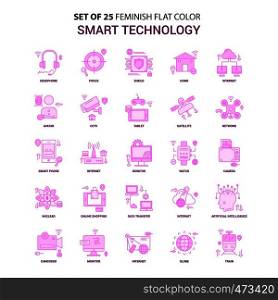 Set of 25 Feminish Smart Technology Flat Color Pink Icon set