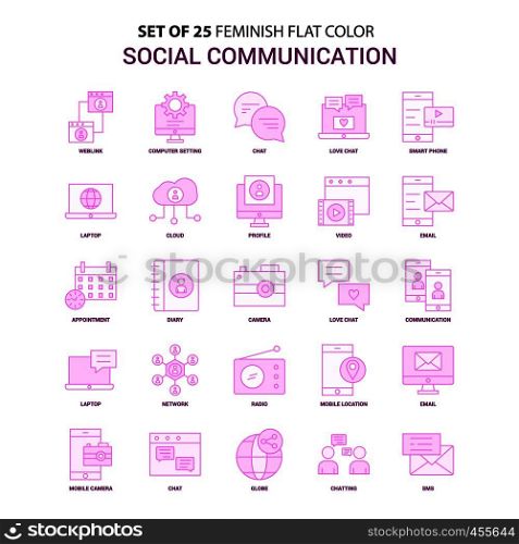 Set of 25 Feminish Social Communication Flat Color Pink Icon set
