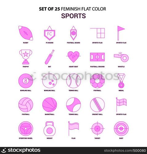 Set of 25 Feminish Sports Flat Color Pink Icon set
