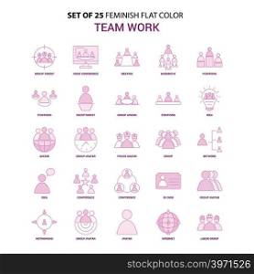 Set of 25 Feminish Team Work Flat Color Pink Icon set