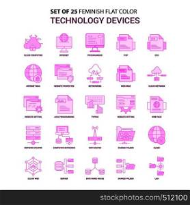 Set of 25 Feminish Technology Device Flat Color Pink Icon set