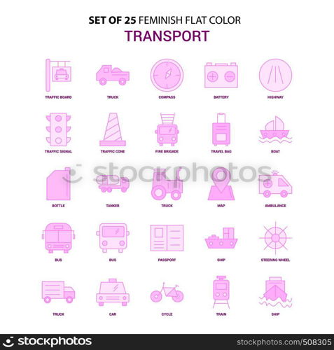 Set of 25 Feminish Transport Flat Color Pink Icon set