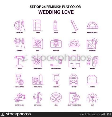 Set of 25 Feminish Wedding Love Flat Color Pink Icon set