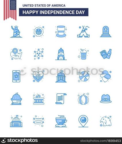 Set of 25 Modern Blues pack on USA Independence Day death; camp; flag; tent; magic hat Editable USA Day Vector Design Elements