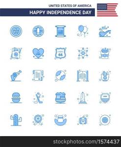 Set of 25 Modern Blues pack on USA Independence Day smoke; party; scroll; day; balloons Editable USA Day Vector Design Elements
