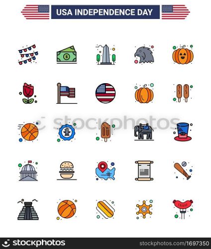 Set of 25 Modern Flat Filled Lines pack on USA Independence Day festival; food; monument; eagle; animal Editable USA Day Vector Design Elements
