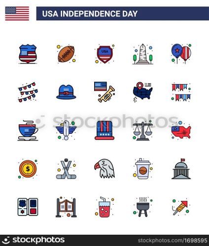Set of 25 Modern Flat Filled Lines pack on USA Independence Day balloons; usa; security; sight; landmark Editable USA Day Vector Design Elements