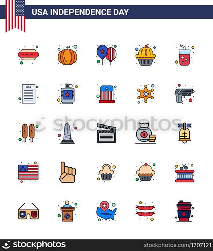 Set of 25 Modern Flat Filled Lines pack on USA Independence Day juice; alcohol; celebrate; cake; muffin Editable USA Day Vector Design Elements