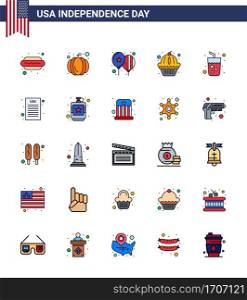 Set of 25 Modern Flat Filled Lines pack on USA Independence Day juice  alcohol  celebrate  cake  muffin Editable USA Day Vector Design Elements