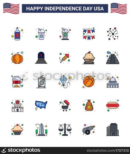 Set of 25 Modern Flat Filled Lines pack on USA Independence Day pumpkin; usa; buntings; american; firework Editable USA Day Vector Design Elements
