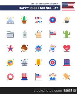 Set of 25 Modern Flats pack on USA Independence Day cake  star  american day  police  party Editable USA Day Vector Design Elements