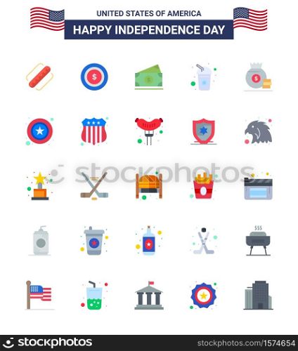 Set of 25 Modern Flats pack on USA Independence Day money; dollar; money; soda; cola Editable USA Day Vector Design Elements