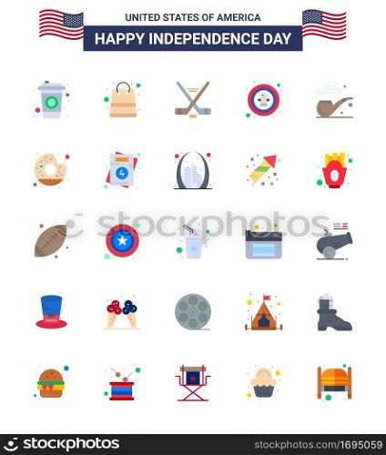 Set of 25 Modern Flats pack on USA Independence Day smoke; badge; ice sport; eagle; bird Editable USA Day Vector Design Elements