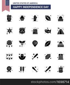 Set of 25 Modern Solid Glyph pack on USA Independence Day house; american ball; cactus; sports; ball Editable USA Day Vector Design Elements
