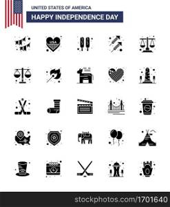 Set of 25 Modern Solid Glyph pack on USA Independence Day justice  shoot  usa  firework  celebration Editable USA Day Vector Design Elements