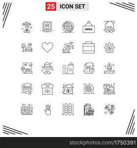 Set of 25 Modern UI Icons Symbols Signs for activities, shop, fire, open, pie Editable Vector Design Elements