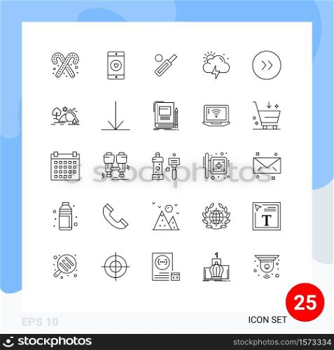 Set of 25 Modern UI Icons Symbols Signs for arrows, weather, heart, storm, cricket Editable Vector Design Elements