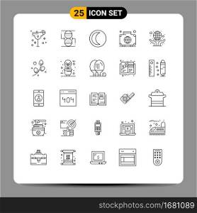 Set of 25 Modern UI Icons Symbols Signs for care, international, moon, global, bag Editable Vector Design Elements