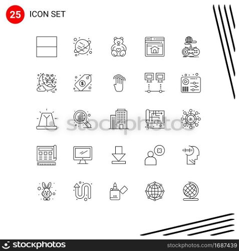 Set of 25 Modern UI Icons Symbols Signs for online, internet, wedding, gaming, home page Editable Vector Design Elements