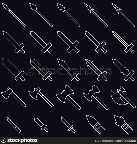 Set of 25 outline weapon icons isolated on white background. Medieval weapon silhouette. Vector illustration for your design, game, card, web.
