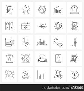 Set of 25 Simple Line Icons for Web and Print such as finance, bank, media, house, go down Vector Illustration