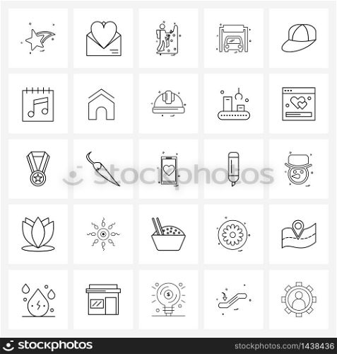 Set of 25 Simple Line Icons for Web and Print such as calendar, cloths, game, hat, garage Vector Illustration