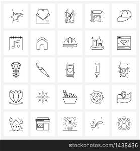 Set of 25 Simple Line Icons for Web and Print such as calendar, cloths, game, hat, garage Vector Illustration