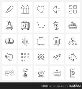 Set of 25 Simple Line Icons of page, grid, like, left, essential Vector Illustration