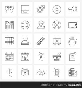 Set of 25 Universal Line Icons of logistic, volume, women, music, back Vector Illustration