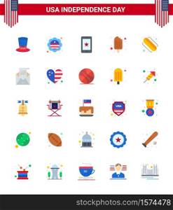Set of 25 USA Day Icons American Symbols Independence Day Signs for hotdog; ice cream; mobile; food; cold Editable USA Day Vector Design Elements