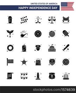 Set of 25 USA Day Icons American Symbols Independence Day Signs for city; bridge; hokey; scale; justice Editable USA Day Vector Design Elements