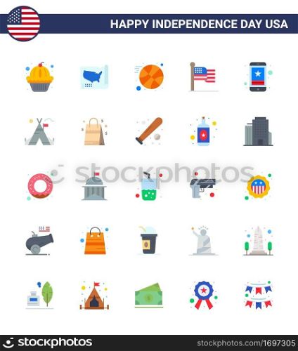 Set of 25 USA Day Icons American Symbols Independence Day Signs for smart phone; cell; basketball; usa; flag Editable USA Day Vector Design Elements