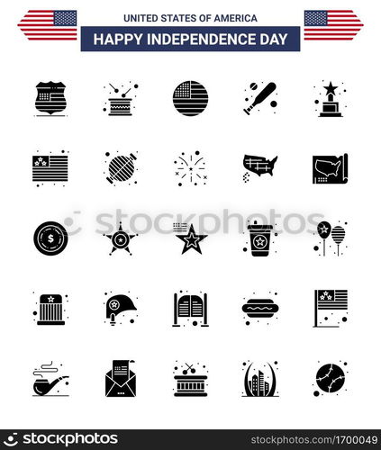 Set of 25 USA Day Icons American Symbols Independence Day Signs for award; hardball; independence; bat; usa Editable USA Day Vector Design Elements