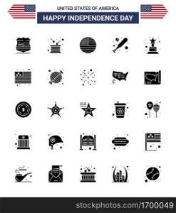Set of 25 USA Day Icons American Symbols Independence Day Signs for award; hardball; independence; bat; usa Editable USA Day Vector Design Elements