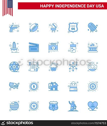 Set of 25 Vector Blues on 4th July USA Independence Day such as american; icecream; barbecue; american; shield Editable USA Day Vector Design Elements