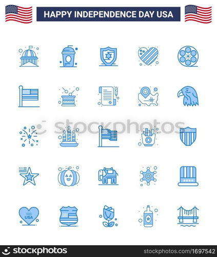 Set of 25 Vector Blues on 4th July USA Independence Day such as movis; heart; holiday; flag; shield Editable USA Day Vector Design Elements