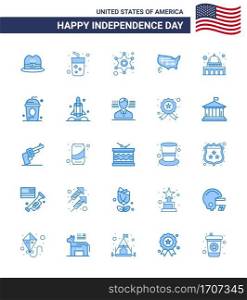 Set of 25 Vector Blues on 4th July USA Independence Day such as usa; capitol; police; usa; states Editable USA Day Vector Design Elements