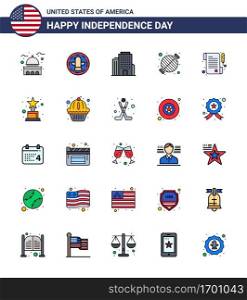 Set of 25 Vector Flat Filled Lines on 4th July USA Independence Day such as paper  grill  eagle  bbq  food Editable USA Day Vector Design Elements