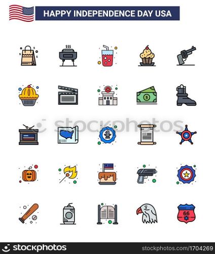 Set of 25 Vector Flat Filled Lines on 4th July USA Independence Day such as gun; sweet; alcohol; muffin; cake Editable USA Day Vector Design Elements