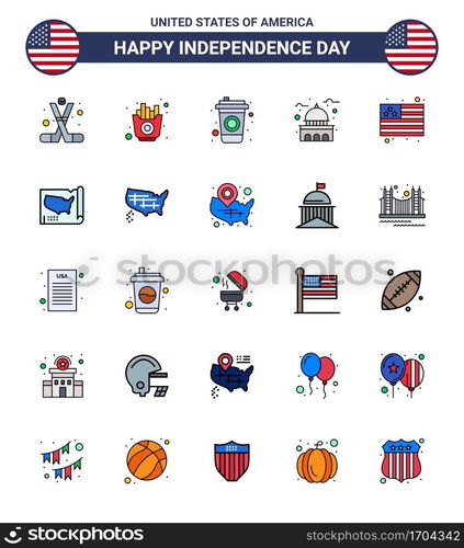 Set of 25 Vector Flat Filled Lines on 4th July USA Independence Day such as country; usa; chips; landmark; building Editable USA Day Vector Design Elements