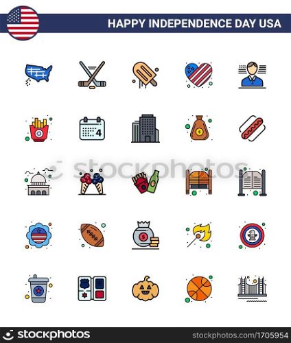 Set of 25 Vector Flat Filled Lines on 4th July USA Independence Day such as american; love; icecream; heart; american Editable USA Day Vector Design Elements