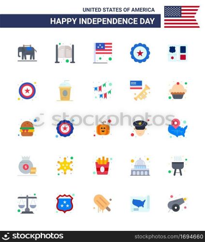 Set of 25 Vector Flats on 4th July USA Independence Day such as shield  usa  day  sign  glass Editable USA Day Vector Design Elements